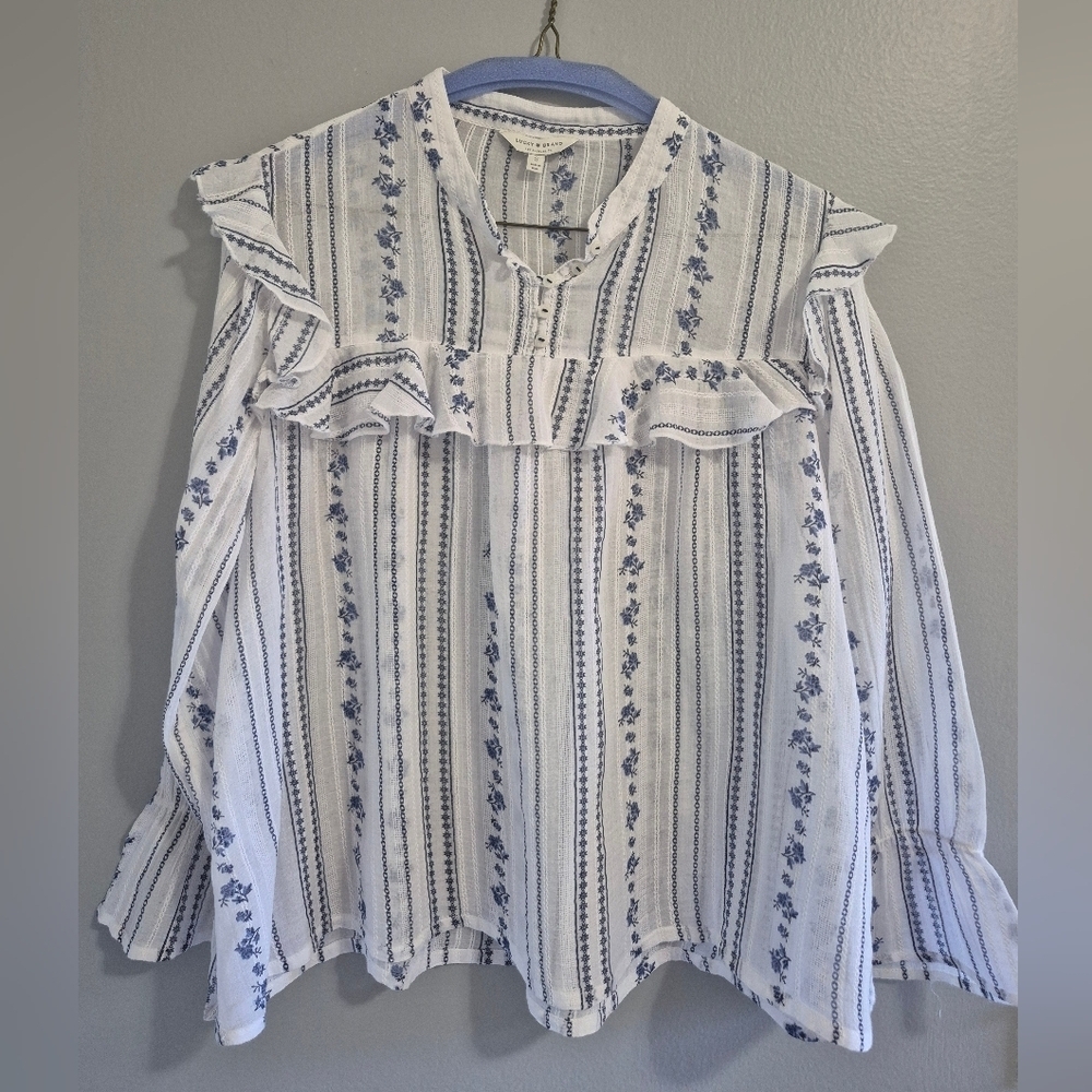 Lucky Brand Blue Floral Striped Coquette Blouse